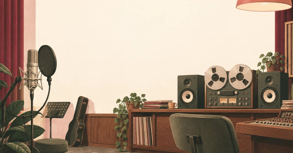 An illustrated recording studio with a microphone, a tape machine and speakers, a picture of adding a voice to a website.