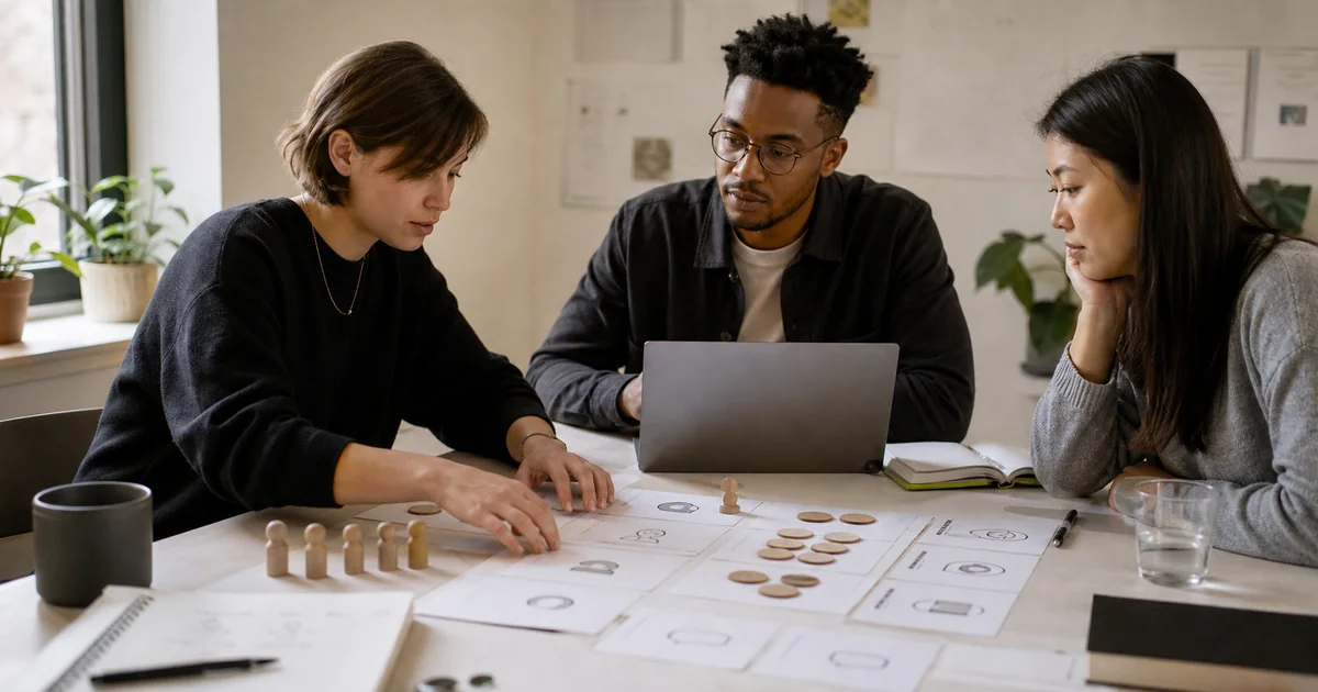 Three small business support colleagues compare software options around a table with a laptop, cards, and wooden tokens.
