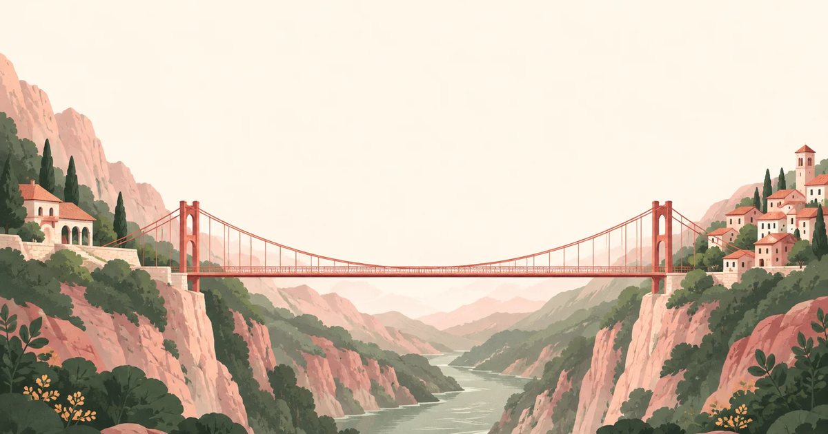 An illustrated suspension bridge between two cliffside towns, a picture of a conversation crossing from the bot to a person.