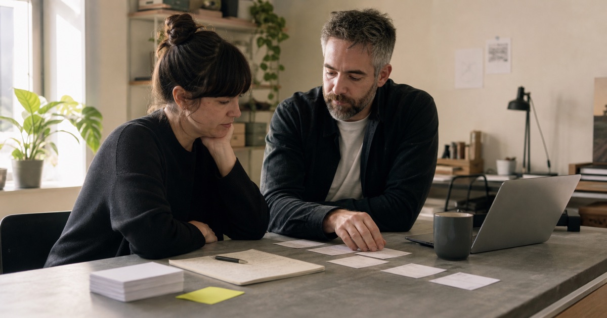 Two support colleagues review paper case cards at a desk beside a laptop, with a small lime note marking the workflow.