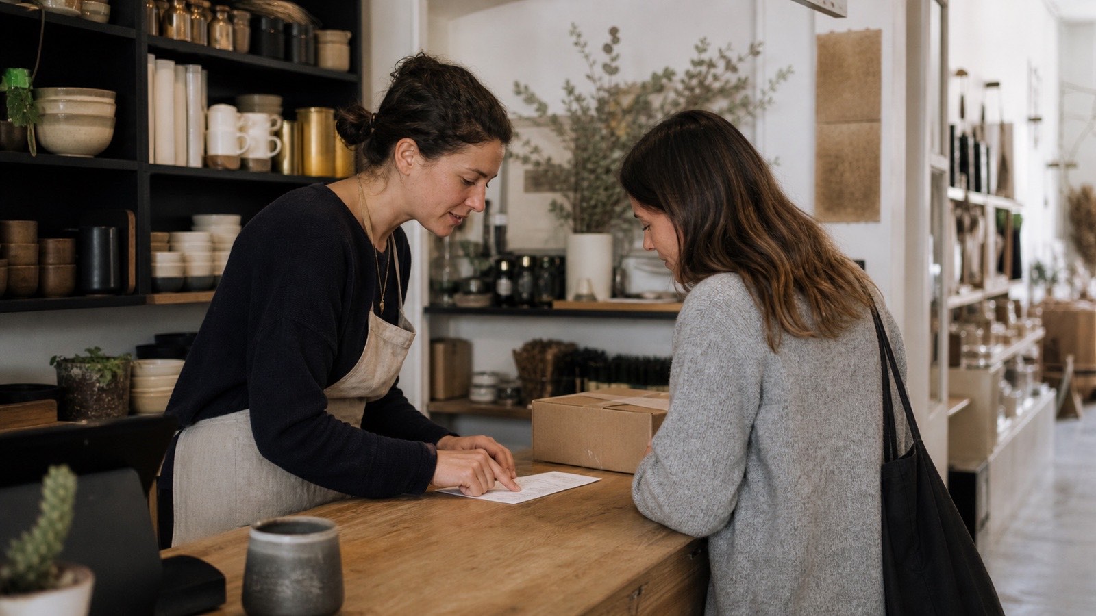 A customer and a service employee calmly review a practical issue together at a retail counter, with paper notes and a product package visible but no readable screen or brand logo.