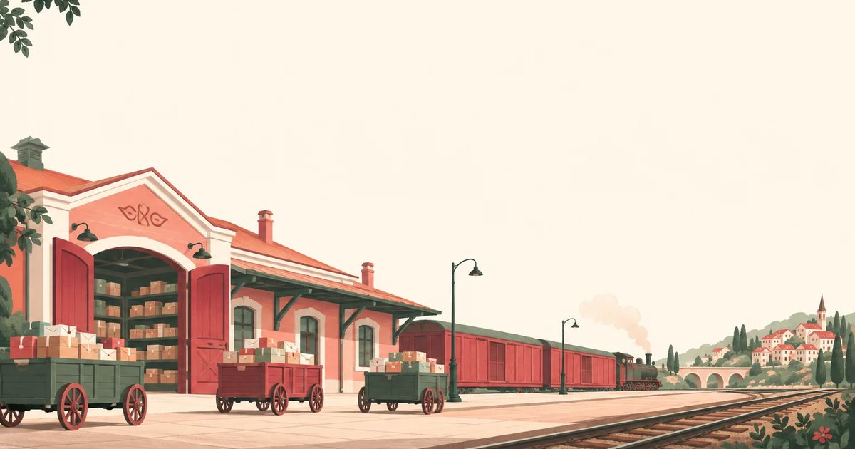 An illustrated railway depot with carts of parcels waiting on the platform, a picture of replies ready to go out.