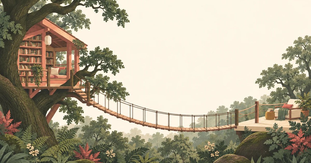An illustrated treehouse library joined to the forest by a rope bridge, a picture of help that meets visitors where they are.