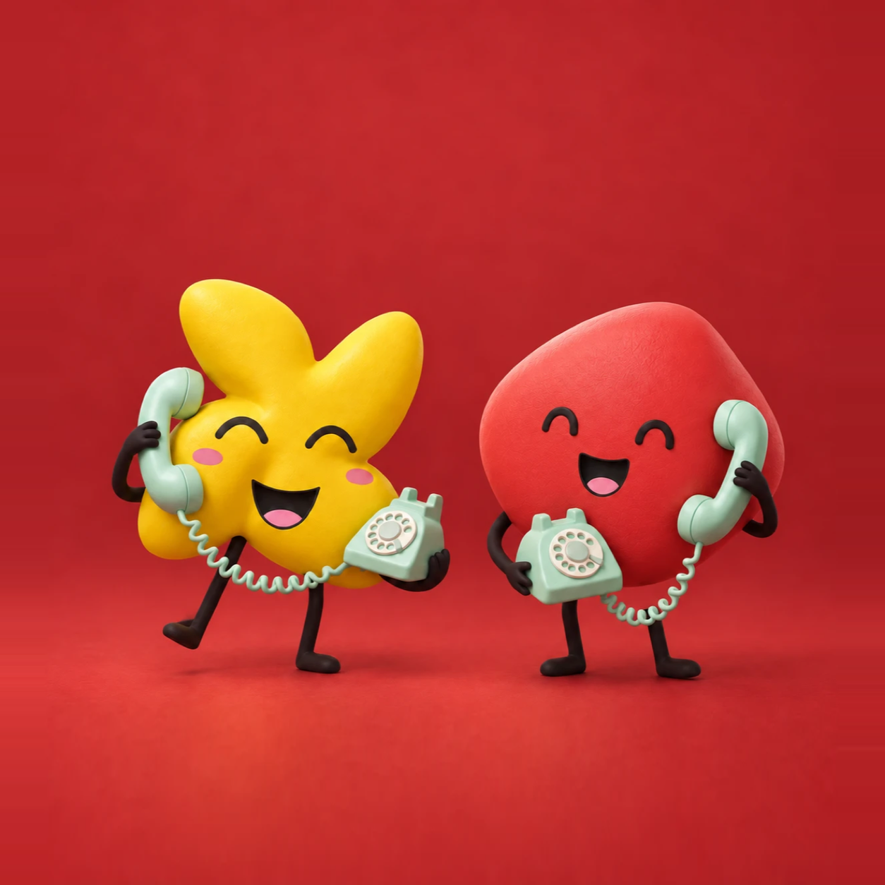 Conecto’s yellow sales character and red chat character talking to each other on mint-green rotary telephones.